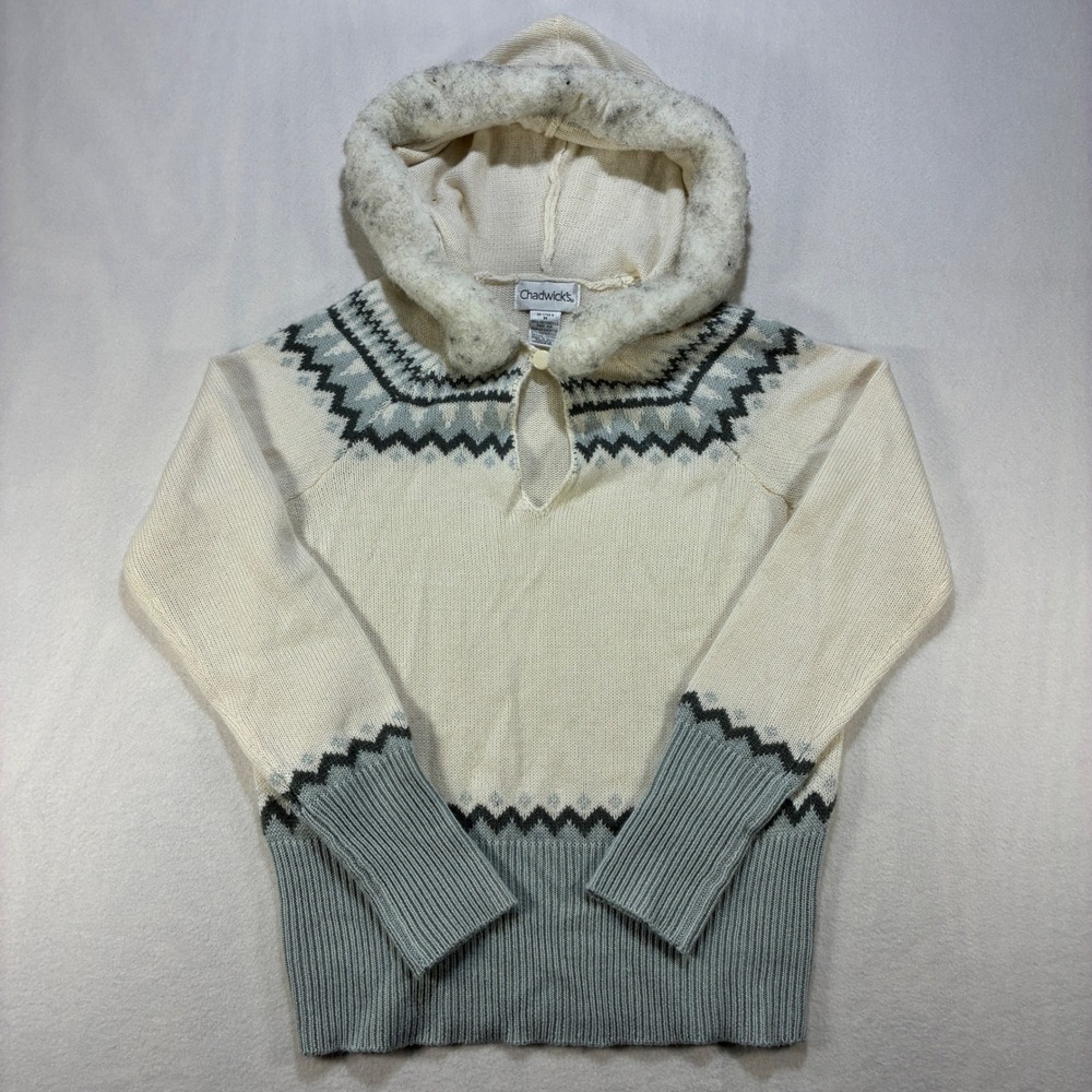 Chadwicks Fair Isle Faux Fur Hooded Sweater Womens Medium Ivory Gray Nordic Knit